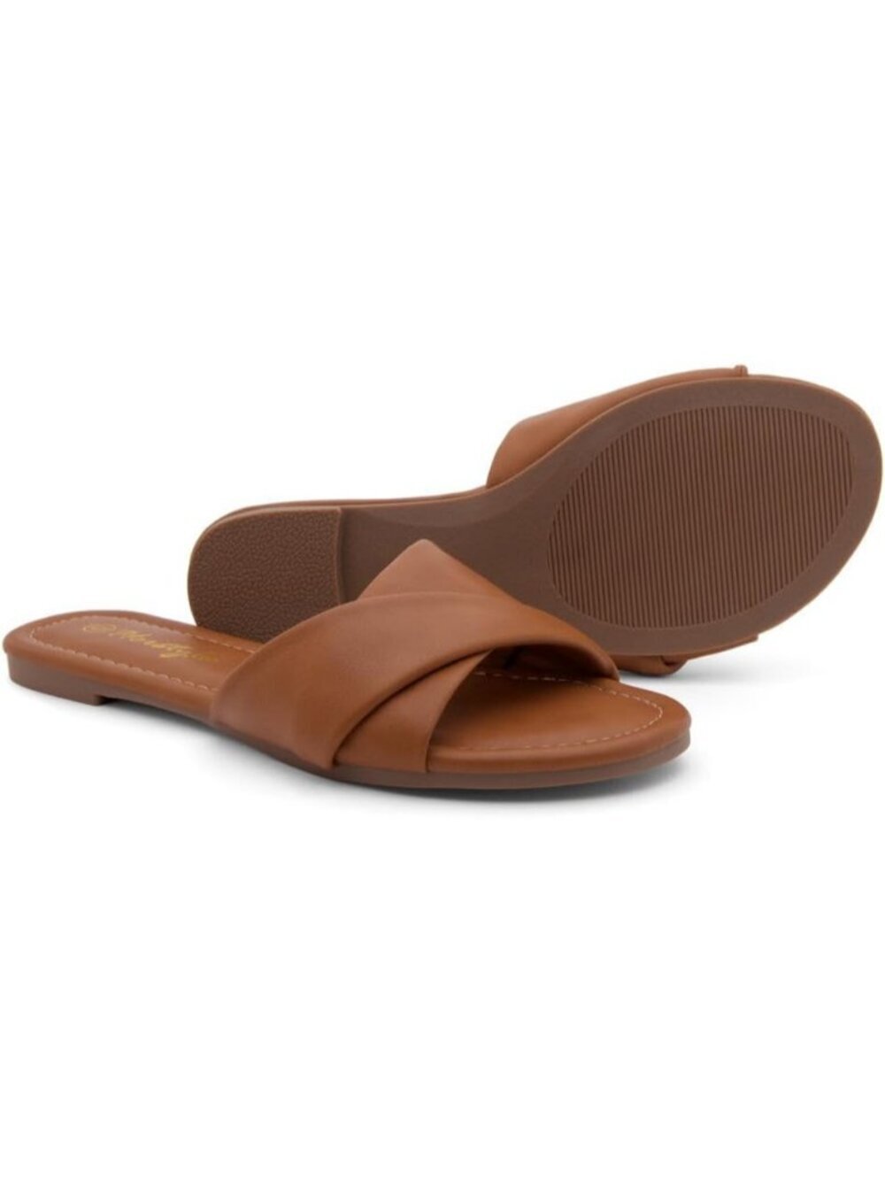 Women's Tan Flats Slip On Open Toe Casual Slides Cushioned Footbed Summer Shoes - Picture 7 of 7